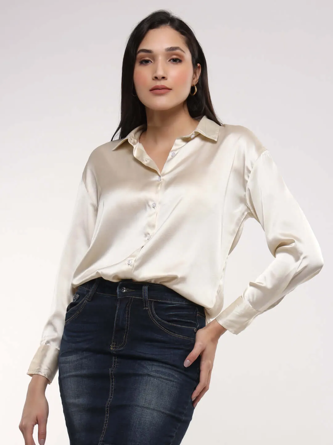 Women'S Premium Off White Drop Shoulder Oversized Summer Satin Shirt