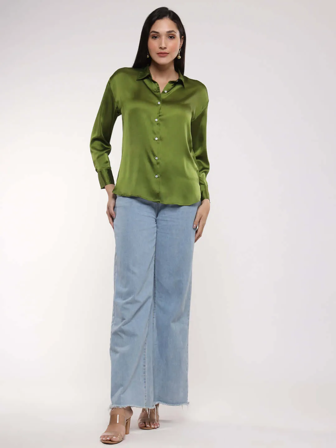 Women'S Premium Olive Drop Shoulder Oversized Summer Satin Shirt