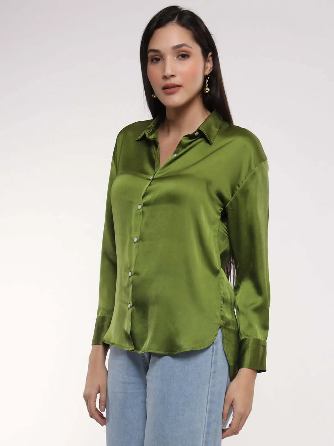 Women'S Premium Olive Drop Shoulder Oversized Summer Satin Shirt