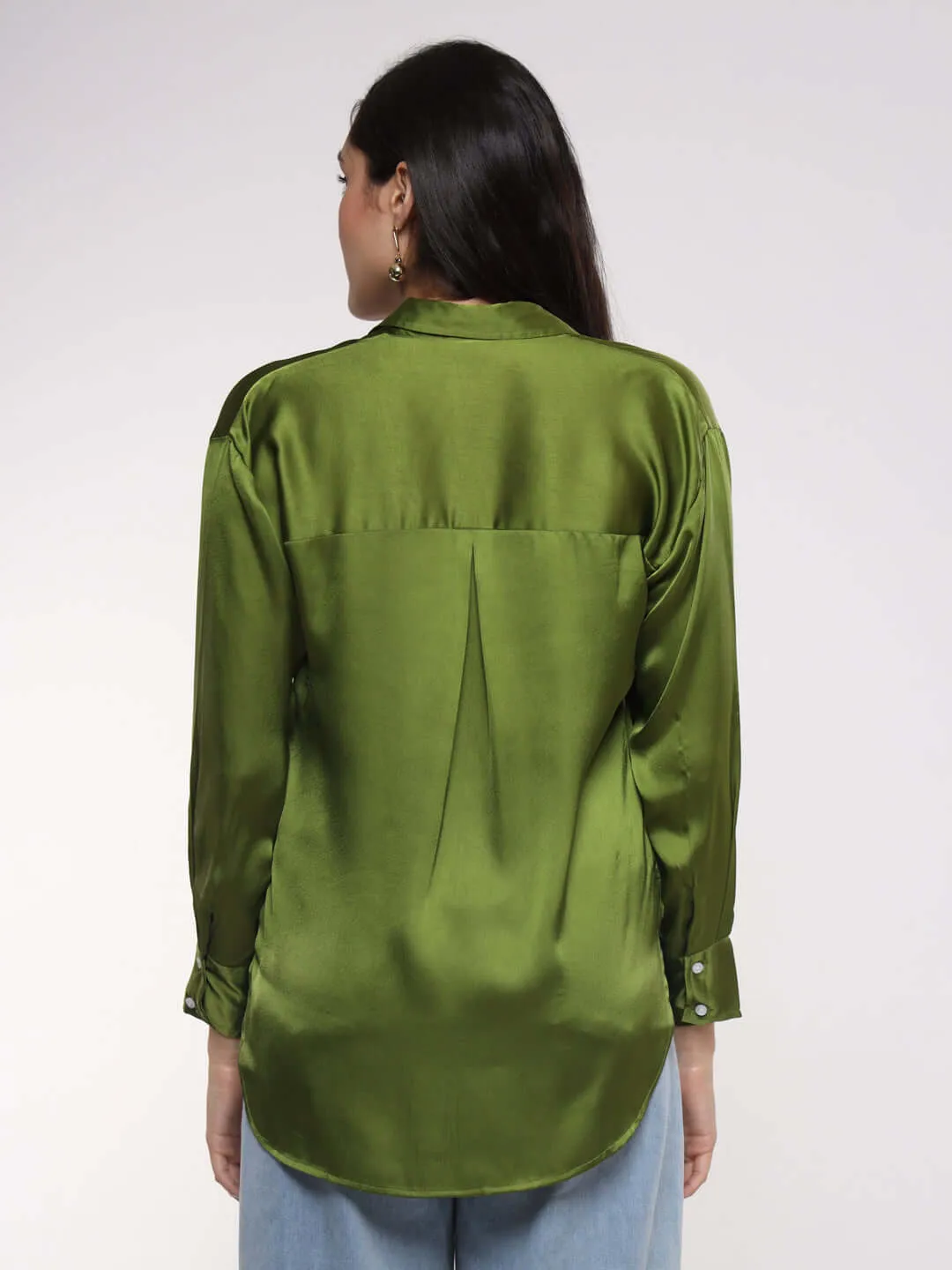 Women'S Premium Olive Drop Shoulder Oversized Summer Satin Shirt