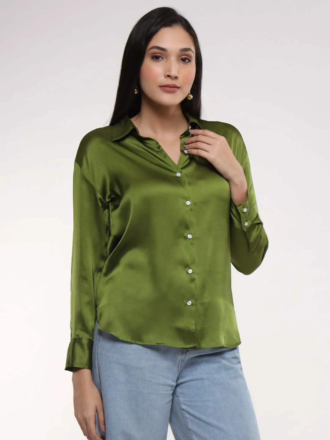 Women'S Premium Olive Drop Shoulder Oversized Summer Satin Shirt