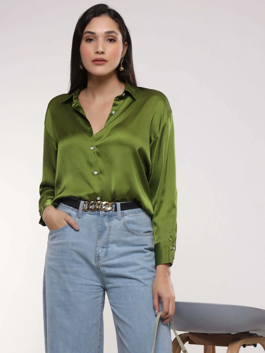 Women'S Premium Olive Drop Shoulder Oversized Summer Satin Shirt