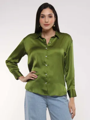 Women'S Premium Olive Drop Shoulder Oversized Summer Satin Shirt
