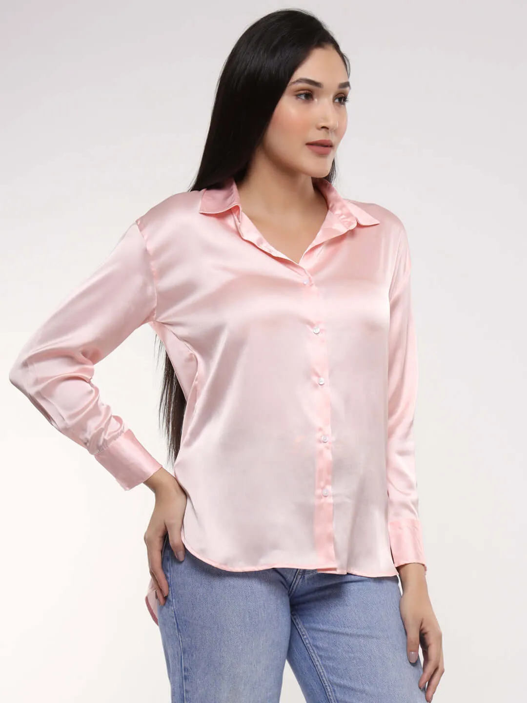 Women'S Premium Soft Pink Drop Shoulder Oversized Summer Satin Shirt