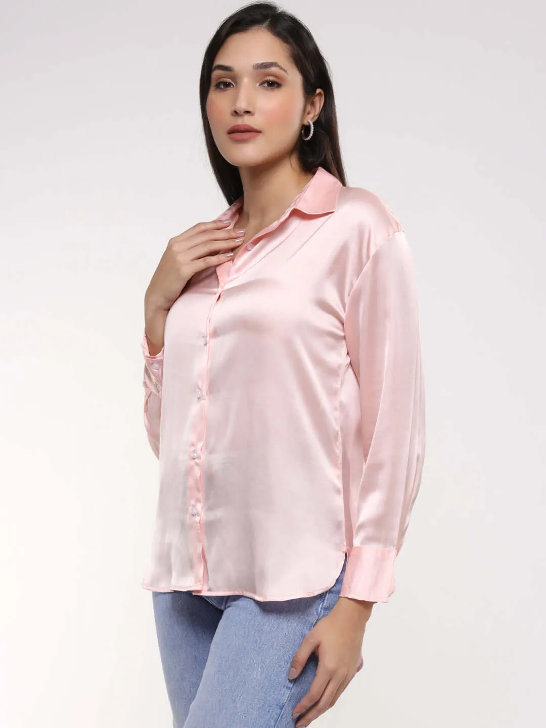 Women'S Premium Soft Pink Drop Shoulder Oversized Summer Satin Shirt