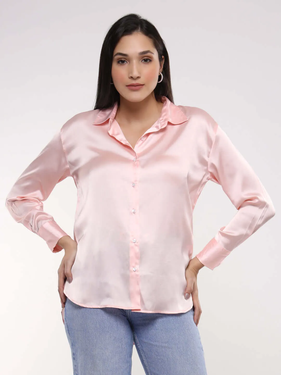 Women'S Premium Soft Pink Drop Shoulder Oversized Summer Satin Shirt