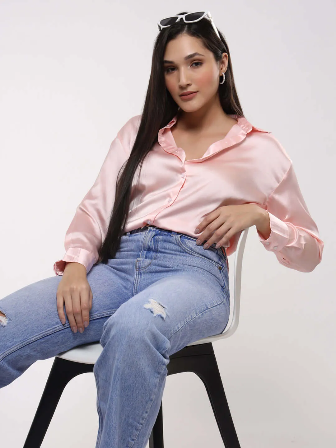 Women'S Premium Soft Pink Drop Shoulder Oversized Summer Satin Shirt