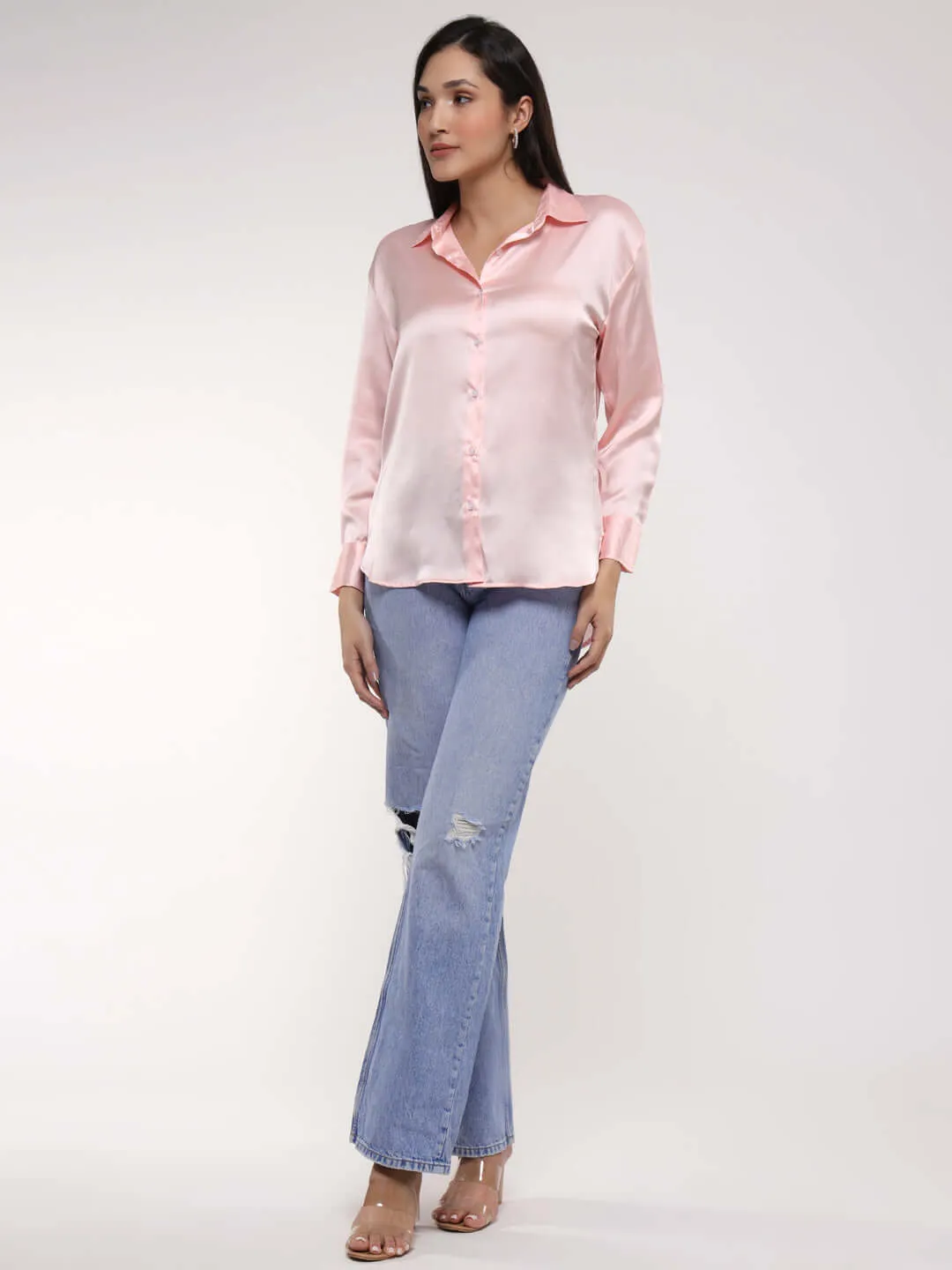 Women'S Premium Soft Pink Drop Shoulder Oversized Summer Satin Shirt