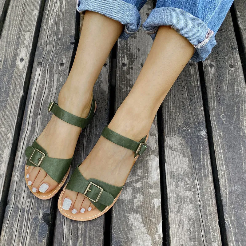 Women's Vintage Green Adjustable Leather Sandals