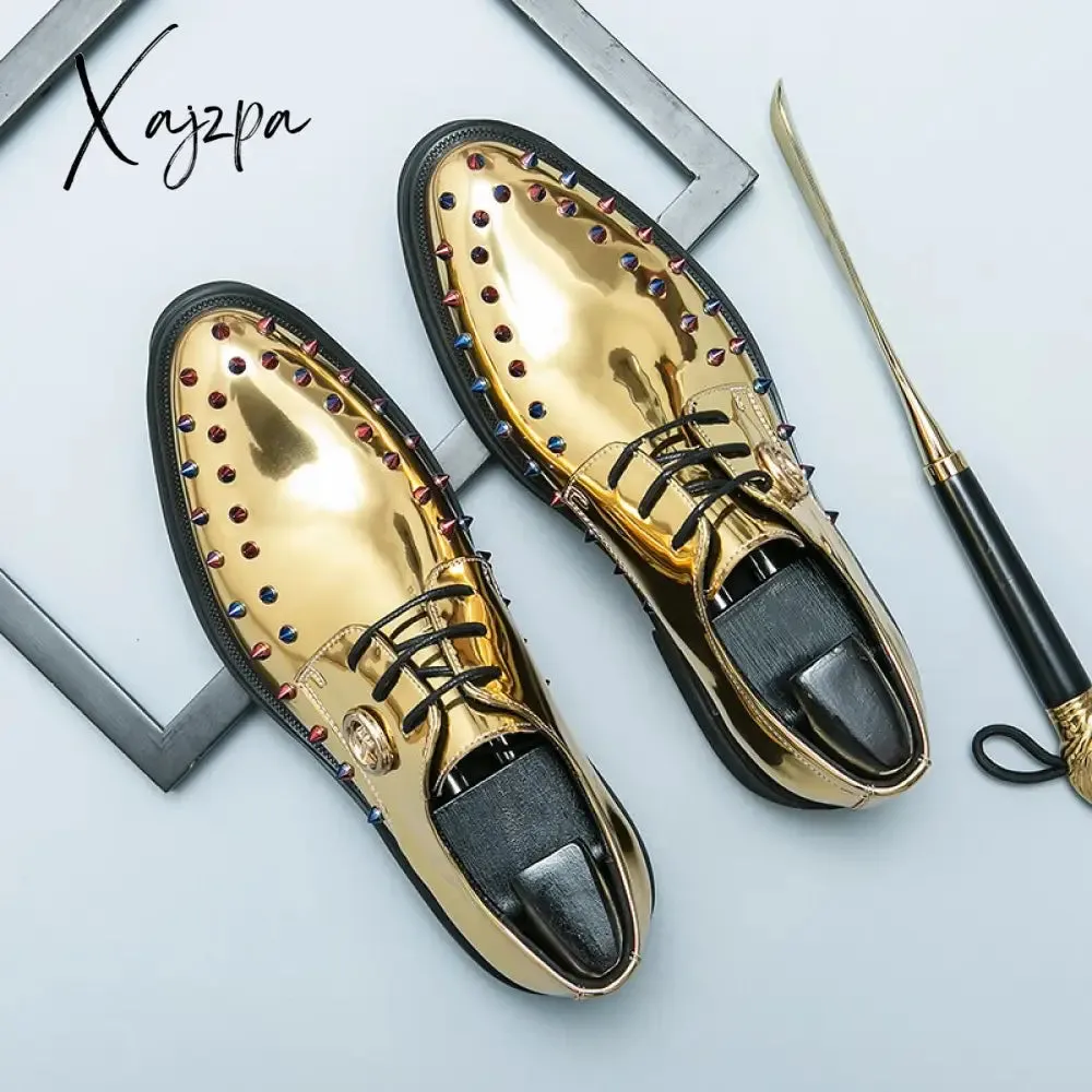 Xajzpa - New Men Dress Shoes Gold Oxfords Round Toe Lace-up Spring Autumn Handmade Fashion Free Shipping Mens Shoes